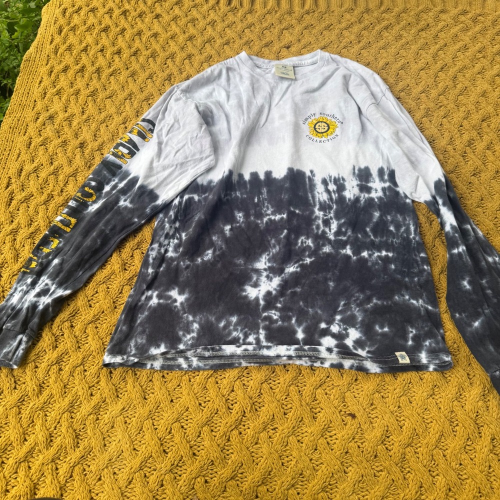 Simply Southern Long Sleeve Tie Dye Shirt Dog Sunflower Sparkle Black White Med